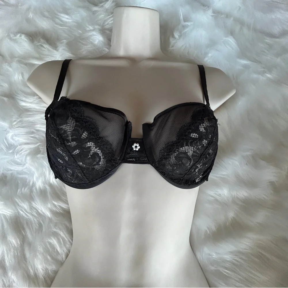 Sexy Black Lace &‎ Sheer Mesh Underwire Bra y2K Glam 36C
